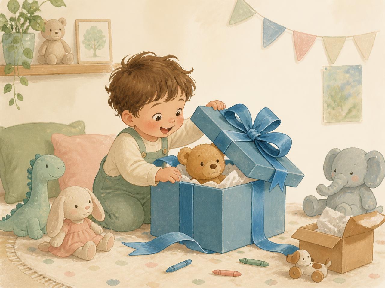 Criatura abriendo una caja de regalo con moño, rodeada de peluches